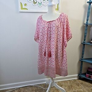 Evans Tie Neck Plus Sz 22 / 24 Kaftan Cover-Up Red White Geometric Floral Print